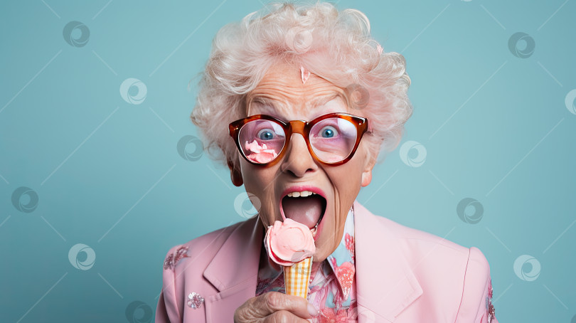 Скачать Забавный портрет жизнерадостной бабушки в ярко-красных очках. Генеративный искусственный интеллект. фотосток Ozero