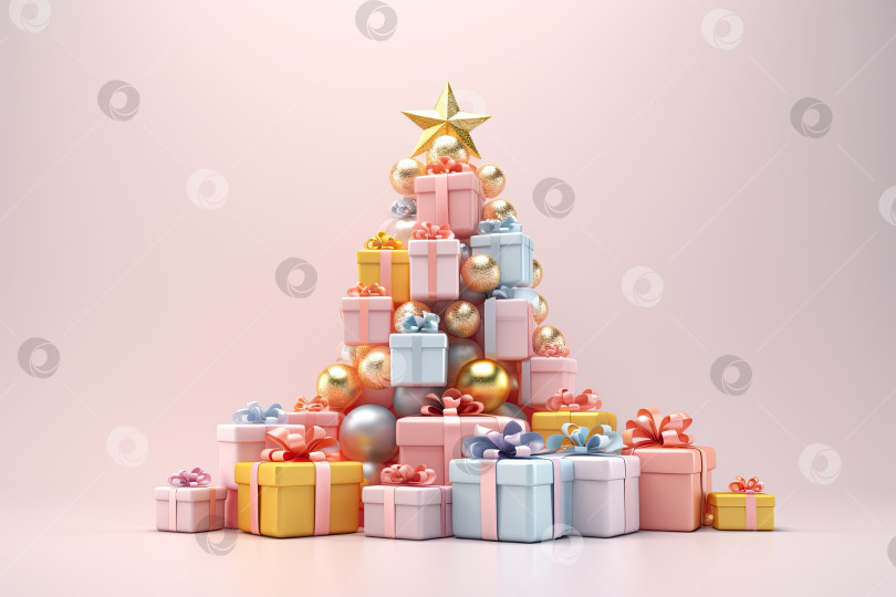 Скачать Праздничные подарки в виде рождественской елки на пастельно-розовом фоне. Генеративный искусственный интеллект. фотосток Ozero