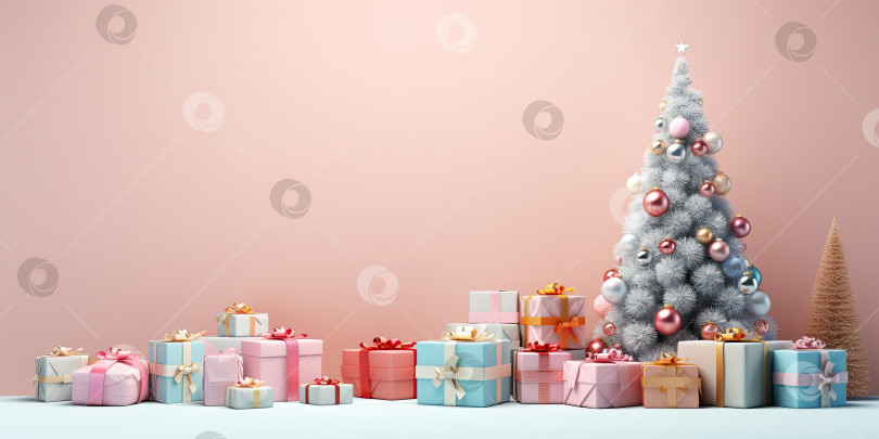 Скачать Рождественская елка и праздничные подарки на пастельно-розовом фоне. Генеративный искусственный интеллект. фотосток Ozero