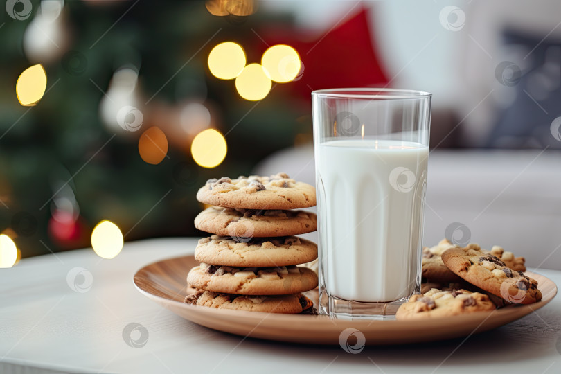 Скачать Молоко для Санта-Клауса и рождественское печенье возле рождественской елки. Генеративный искусственный интеллект. фотосток Ozero