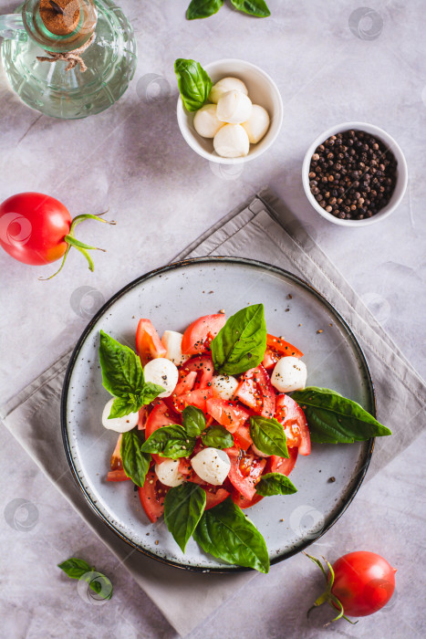 Скачать Вкусный салат капрезе со спелыми помидорами, сыром моцарелла и фотосток Ozero