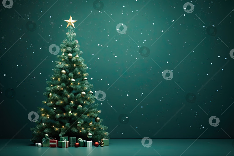 Скачать Рождественская елка с гирляндой на зеленом фоне. Генеративный искусственный интеллект. фотосток Ozero