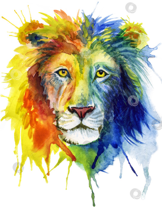 Скачать Крупным планом изображена разноцветная морда льва, нарисованная яркой акварелью фотосток Ozero