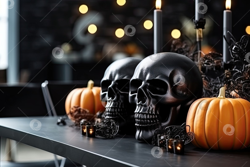 Скачать Декоративная композиция на Хэллоуин из черепа, свечей. Генеративный искусственный интеллект. фотосток Ozero