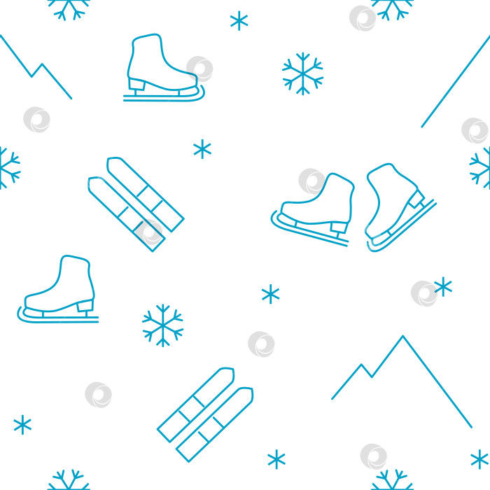 Скачать Векторный бесшовный зимний узор со снежинками, лыжами и коньками фотосток Ozero