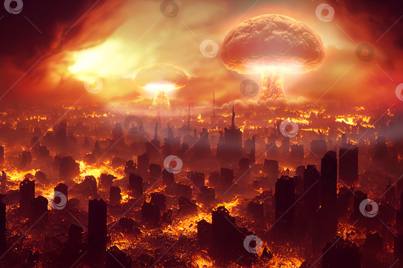 Скачать Ядерные взрывы в центре мегаполиса. Реалистичная цифровая иллюстрация. фотосток Ozero