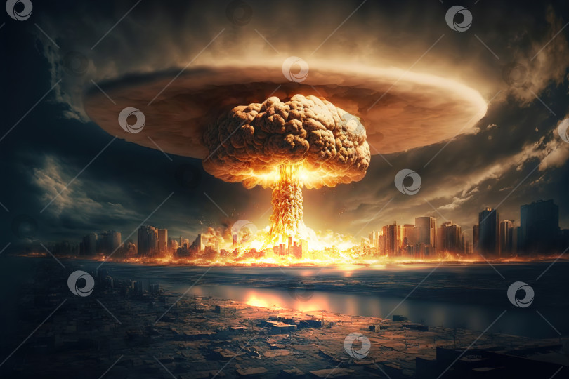 Скачать Ядерная бомбардировка мегаполиса на побережье океана. Реалистичная цифровая иллюстрация. фотосток Ozero