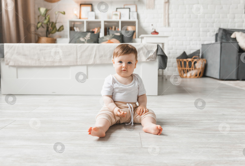 Скачать Портрет ребенка 7-9 месяцев в домашнем интерьере. Любознательный, улыбчивый ребенок исследует окружающий его мир. Милый малыш сидит на полу. фотосток Ozero