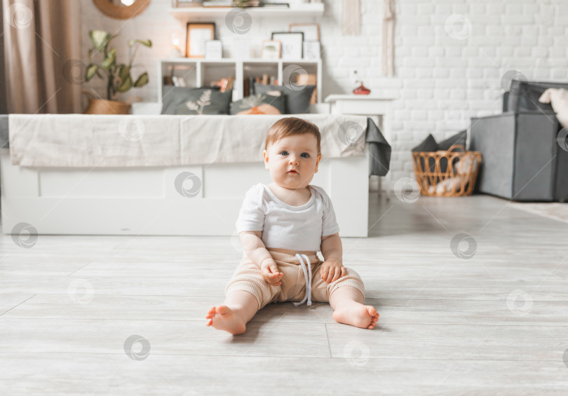 Скачать Портрет ребенка 7-9 месяцев в домашнем интерьере. Любознательный, улыбчивый ребенок исследует окружающий его мир. Милый малыш сидит на полу. фотосток Ozero