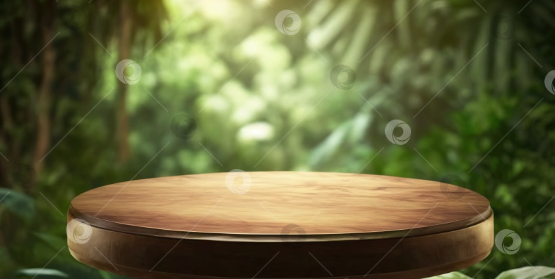 Скачать пустой деревянный подиум со столешницей в саду, открытый лес, размытая зелень фотосток Ozero