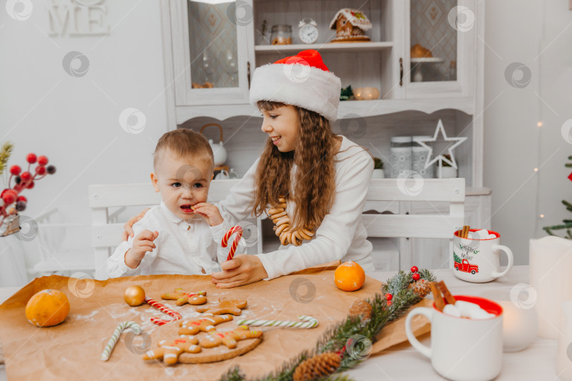 Скачать маленькие дети, брат и сестра в рождественской шапочке, готовят печенье на кухне у себя дома фотосток Ozero