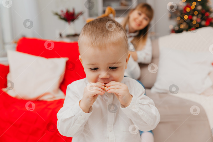 Скачать Красивый 2-летний мальчик стоит, одетый в футболку с изображением места для копирования. фотосток Ozero