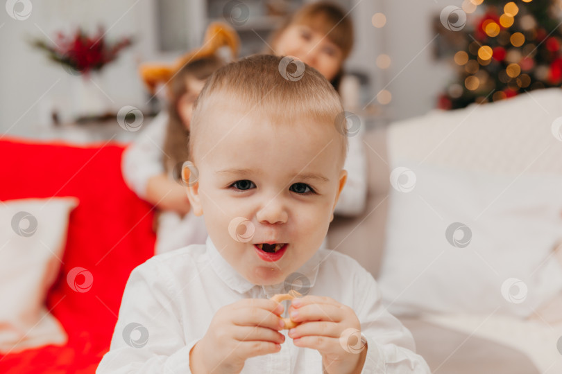 Скачать Красивый 2-летний мальчик стоит, одетый в футболку с изображением места для копирования. фотосток Ozero