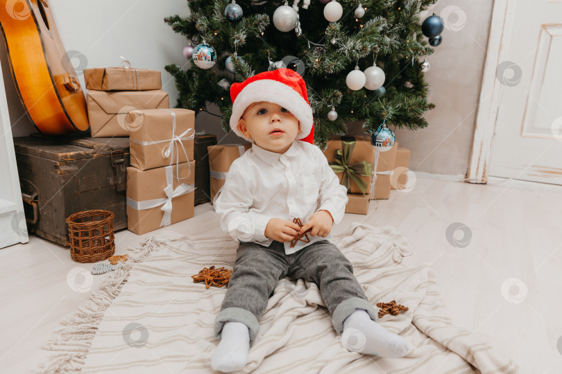 Скачать очаровательный маленький мальчик в новогодней шапочке сидит на одеяле перед рождественской елкой. фотосток Ozero