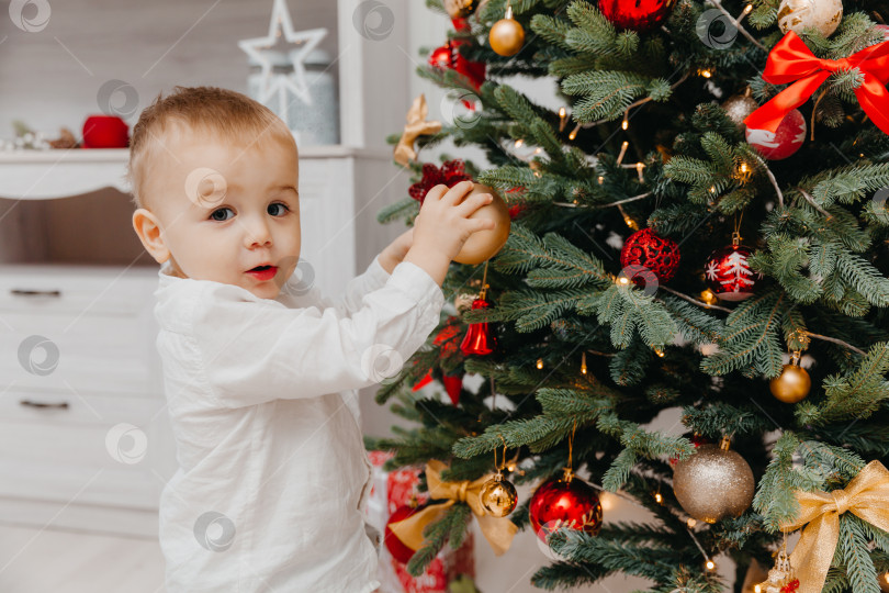 Скачать Ребенок украшает рождественскую елку дома. Маленький мальчик в белой рубашке. Рождество. фотосток Ozero