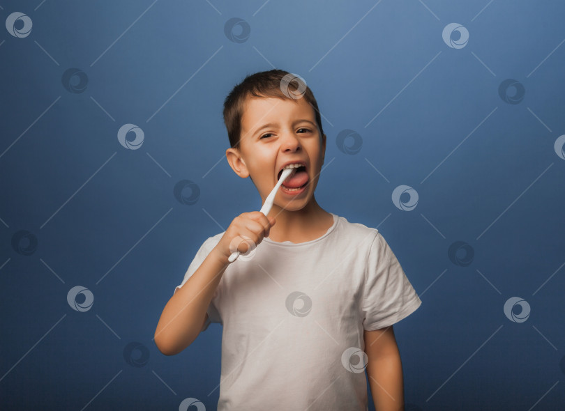 Скачать темноволосый мальчик в белой футболке на синем фоне чистит зубы зубной щеткой. гигиена ребенка фотосток Ozero