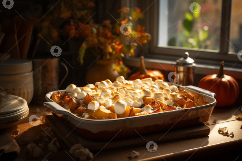 Скачать Запеканка из сладкого картофеля с зефиром в форме для запекания на кухонном окне. Праздничное блюдо, подаваемое на семейный ужин в День благодарения. Пюре из сладкого картофеля. Запеченный в духовке сладкий картофель, концепция осеннего блюда фотосток Ozero
