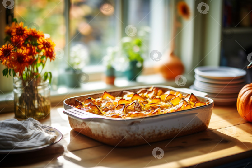 Скачать Запеканка из сладкого картофеля в форме для запекания на кухонном окне. Праздничное зимнее блюдо, подаваемое на семейный ужин в День благодарения. Пюре из сладкого картофеля. Запеченный в духовке сладкий картофель, концепция осеннего блюда фотосток Ozero