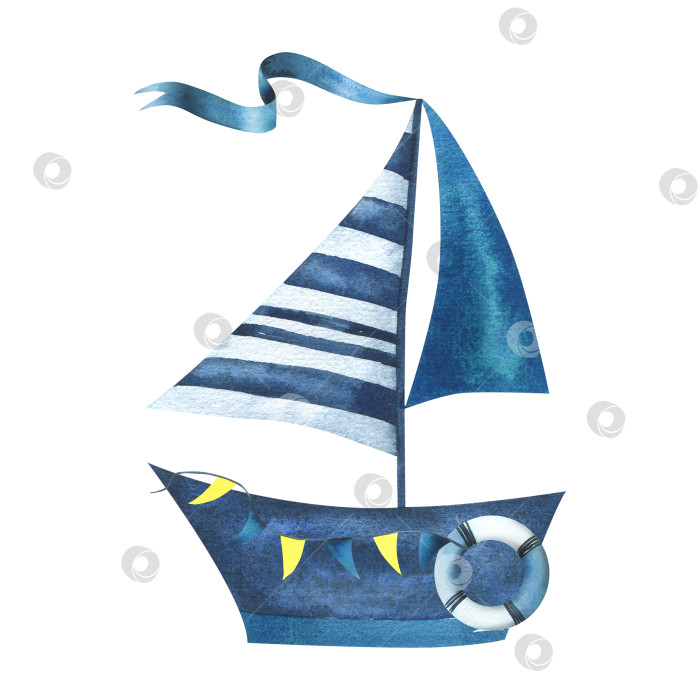 Скачать Красивая синяя лодка с привязанными парусами, гирляндами флагов, спасательным кругом, лентой. Нарисованная от руки акварельная иллюстрация в детском стиле. Изолированный объект на белом фоне фотосток Ozero