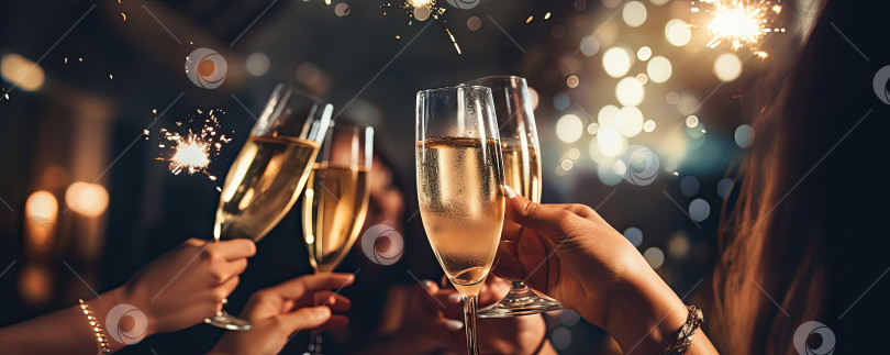 Скачать Праздничный новогодний тост с пожеланиями счастья, люди чокаются бокалами с вкусным шампанским. Генеративный искусственный интеллект. фотосток Ozero