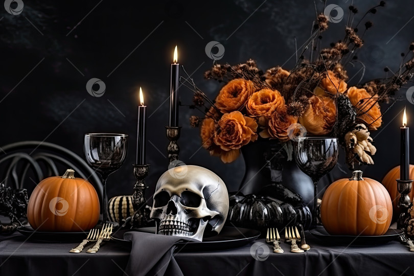 Скачать Декоративная композиция на Хэллоуин из черепа, свечей. Генеративный искусственный интеллект. фотосток Ozero