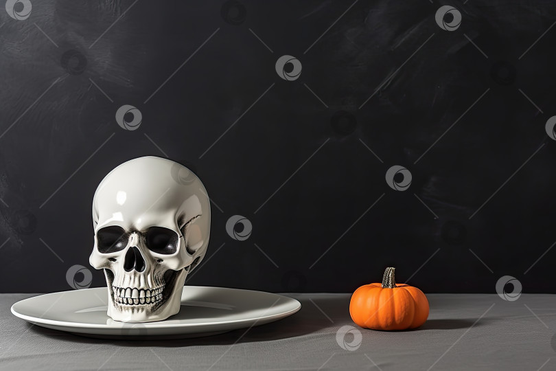 Скачать Праздничная сервировка стола на Хэллоуин с пауком и черным декором. Генеративный искусственный интеллект. фотосток Ozero