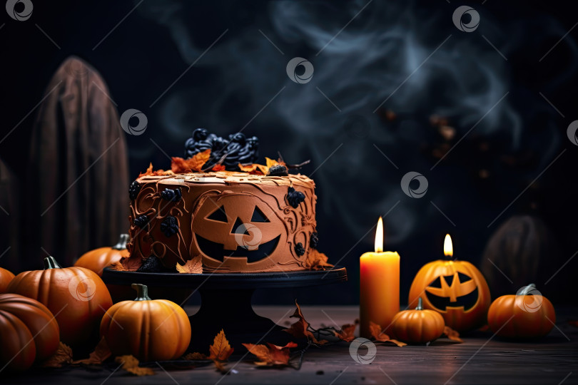 Скачать Жуткий торт на Хэллоуин, украшенный пауками и тыквами. Генеративный искусственный интеллект. фотосток Ozero