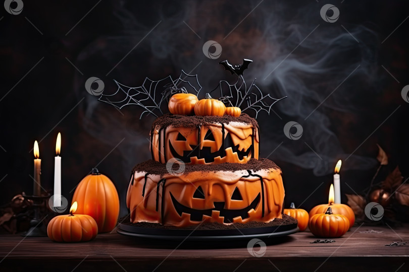 Скачать Жуткий торт на Хэллоуин, украшенный пауками и тыквами. Генеративный искусственный интеллект. фотосток Ozero