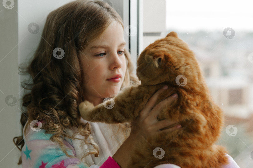 Скачать девочка-подросток сидит в пижаме у окна дома и держит на руках рыжего кота. оставайся дома. фотосток Ozero