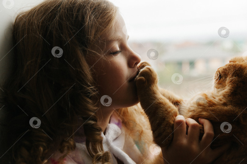 Скачать девочка-подросток сидит в пижаме у окна дома и держит на руках рыжего кота. оставайся дома. фотосток Ozero