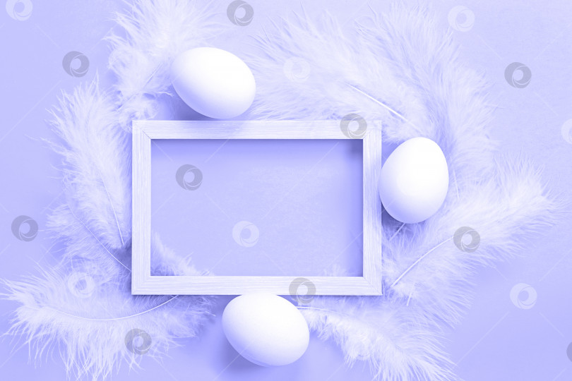 Скачать Пасхальная белая рамка на фиолетовом фоне с очень нежной окраской куриных яиц и цветных нежных перьев. Весна, религиозный праздник, Пасхальное украшение, поздравление, копировальное пространство, макет фотосток Ozero