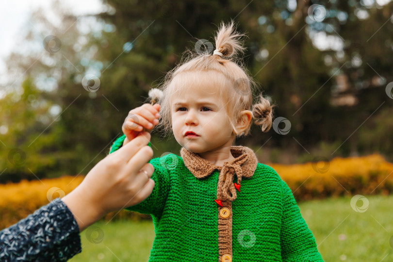 Скачать мама протягивает ребенку цветок. маленькая девочка с цветком в парке. фотосток Ozero