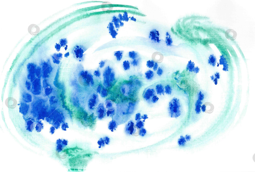 Скачать Абстрактная акварельная иллюстрация в холодных тонах. Круговой цветочный узор или креативный пейзаж с пушистыми голубыми деревьями. Волнистый орнамент напоминает поверхность поделочного камня - малахита или ляпис-лазури. фотосток Ozero