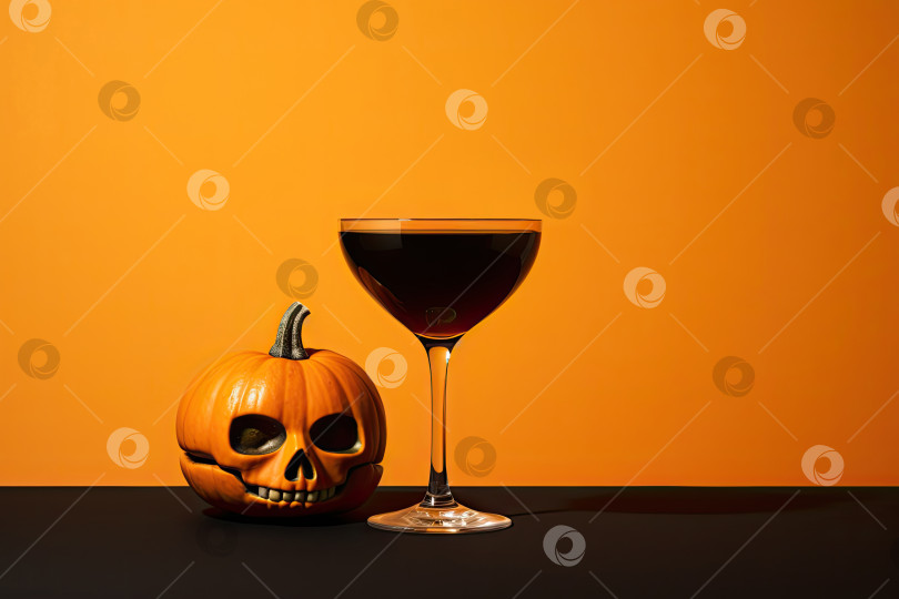 Скачать Винный или красный моктейл на Хэллоуин на оранжевом и черном фоне. Генеративный искусственный интеллект. фотосток Ozero