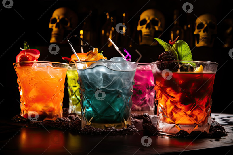 Скачать Различные напитки на Хэллоуин украшают ягодами на черном фоне. Генеративный искусственный интеллект. фотосток Ozero