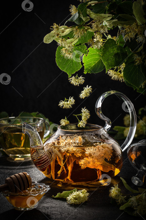 Скачать Чайник и чашка с липовым чаем и цветами на темном фоне фотосток Ozero