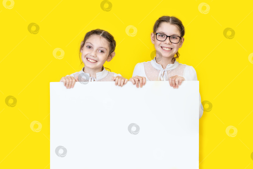 Скачать Девочки-сестры держат в руках белый плакат empy и улыбаются. фотосток Ozero