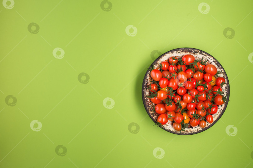 Скачать Плоская тарелка с красными помидорами на зеленом фоне. фотосток Ozero