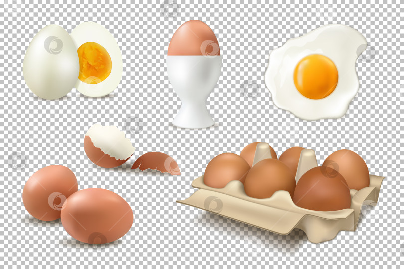 Скачать Отложенные яйца. Векторная реалистичная иллюстрация. Яйца в коробке, вареные яйца, яичная скорлупа на прозрачном фоне. фотосток Ozero