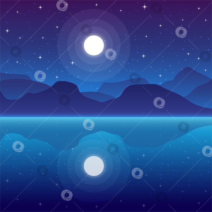 Скачать Горы и море. Векторная иллюстрация горного пейзажа ночью. Ночной пейзаж гор, отражающийся в воде. Звездное небо. Полная луна. фотосток Ozero
