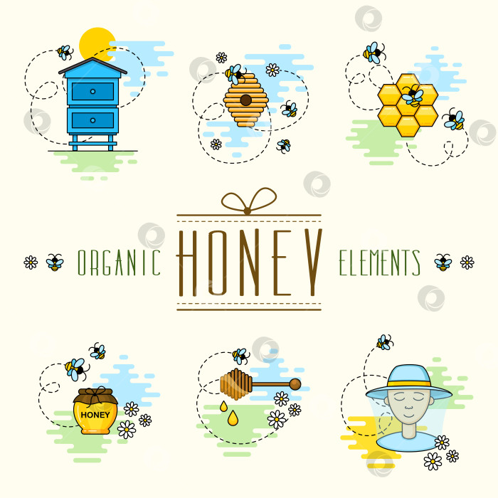 Скачать Пчеловодство. Пчелы и мед на пасеке. Векторная иллюстрация фермерской жизни. Набор иконок в линейном стиле. фотосток Ozero