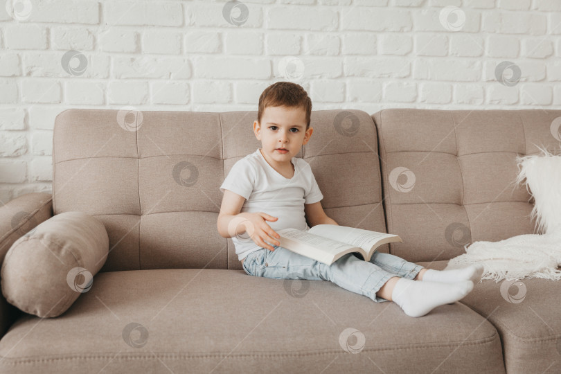 Скачать 5-летний мальчик читает книгу, сидя дома на диване. фотосток Ozero