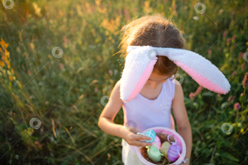 Скачать Милая забавная девочка с раскрашенными пасхальными яйцами весной на природе в поле с золотым солнечным светом и цветами. Пасхальный праздник, пасхальный кролик с ушками, разноцветные яйца в корзинке. Образ жизни фотосток Ozero