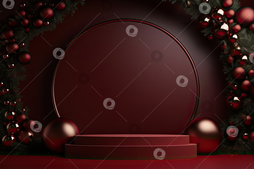 Скачать Рождественский подиум в рубиновом цвете в качестве фона. Генеративный искусственный интеллект. фотосток Ozero