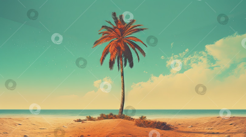 Скачать Пальма на песке пляжа. Сцена отдыха с пальмой на береговой линии. Генеративный искусственный интеллект. фотосток Ozero