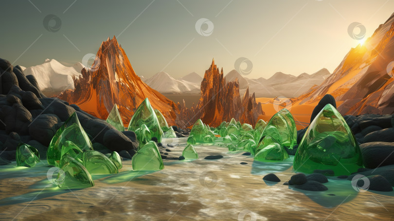 Скачать Научно-фантастический пейзаж со стеклянными горами. Чужая планета с расплавленными стеклянными скалами. Сгенерированный искусственный интеллект. фотосток Ozero