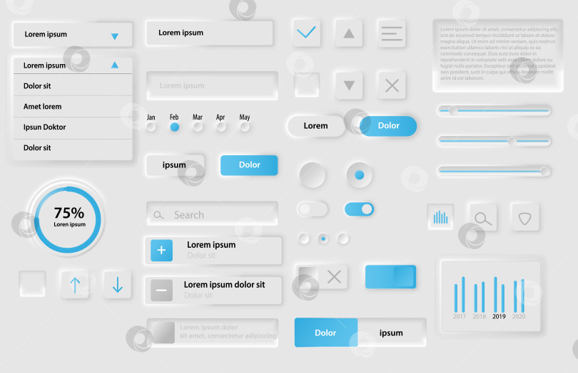 Скачать Набор векторных шаблонов Neomorphic UI UX white design elements kit для мобильных и веб-приложений в стиле неоморфизма фотосток Ozero