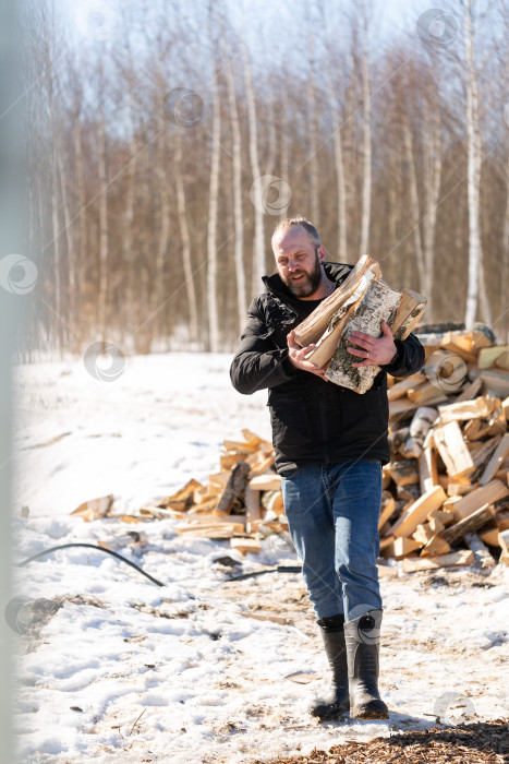 Скачать Мужчина несет охапку березовых дров, живущий в частном доме. фотосток Ozero