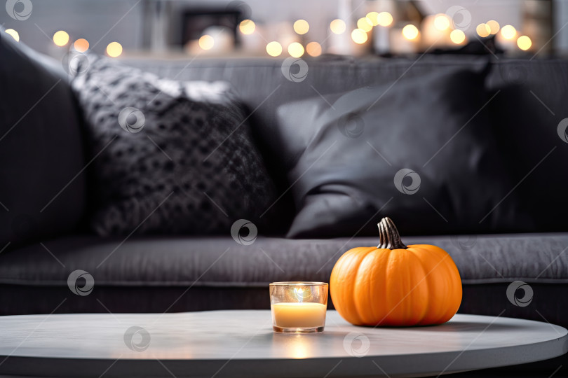 Скачать Праздничное украшение на Хэллоуин в гостиной. Современный интерьер. Генеративный искусственный интеллект. фотосток Ozero