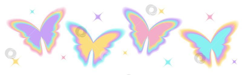 Скачать Размытая градиентная форма бабочки Y2k с блестками или звездами. Пастельные голографические элементы ауры, эстетичные ретро-формы с эффектом размытия. Изолированная векторная иллюстрация психоделического стиля 90-х-2000-х годов. фотосток Ozero